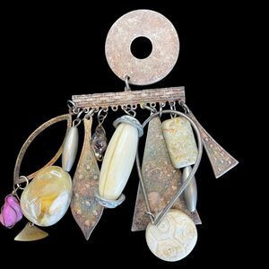 Vintage KATE HINES Brooch Pin Modernist Silver Tone Dangle Charms Abstract Art